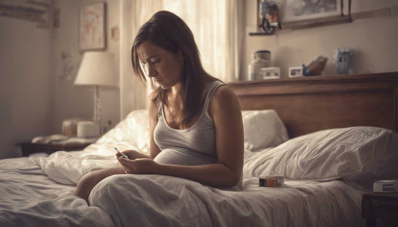 A woman sits in her bedroom, staring at her pregnancy test